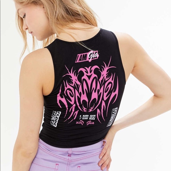 I.AM.GIA slit tank top with tribal looking print on the back